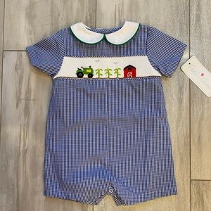 NWT Petit Ami Blue Gingham Smocked Farm & Tractor Jumpsuit Romper, Boys 6M